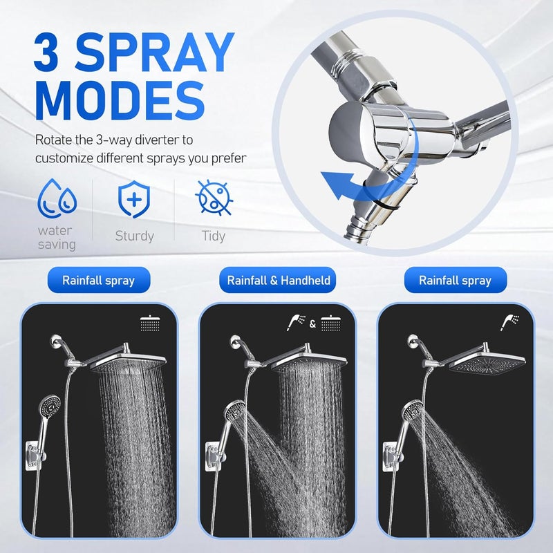 SeaCity Wide Rain Shower Head With 5 Modes Handheld Showerheads, High Pressure Showerhead Combo with Extension Arm for Bathroom Accessories, Adjustable Shower Head with Anti-Clog Nozzles (Chrome) - Image 2